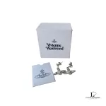 Pre-loved Vivienne Westwood 2D half orb silver earrings with rhinestones, front view – secondhand designer, NZ