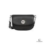 Pre-loved Marc Jacobs Signet Turnlock black leather crossbody saddle bag, new with tag, front view – secondhand designer, NZ