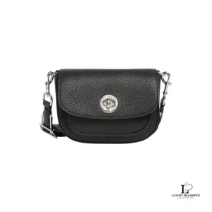 Pre-loved Marc Jacobs Signet Turnlock black leather crossbody saddle bag, new with tag, front view – secondhand designer, NZ