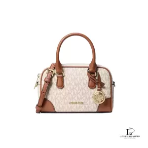 Pre-loved Michael Kors Thompson Extra-Small vanilla Signature logo convertible satchel, new with tag, front view – secondhand designer, NZ