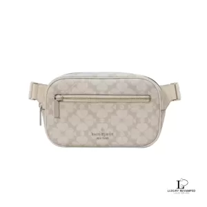 Pre-loved Kate Spade Signature Spade Flower belt bag in dark beige multi, new with tag, front view – secondhand designer, NZ