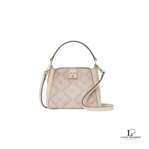 Pre-loved Kate Spade Flower dark beige mini top handle crossbody bag, new with tag, front view – secondhand designer, NZ