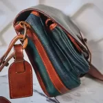 vintage Ralph Lauren tan, green and blue checkered canvas and leather saddle crossbody bag, view 5