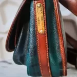 vintage Ralph Lauren tan, green and blue checkered canvas and leather saddle crossbody bag, view 6