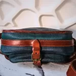 vintage Ralph Lauren tan, green and blue checkered canvas and leather saddle crossbody bag, view 4