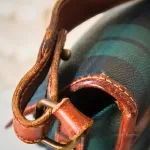 vintage Ralph Lauren tan, green and blue checkered canvas and leather saddle crossbody bag, view 7