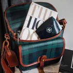 vintage Ralph Lauren tan, green and blue checkered canvas and leather saddle crossbody bag, view 25