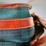 vintage Ralph Lauren tan, green and blue checkered canvas and leather saddle crossbody bag, view 10
