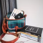 vintage Ralph Lauren tan, green and blue checkered canvas and leather saddle crossbody bag, view 26
