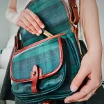 vintage Ralph Lauren tan, green and blue checkered canvas and leather saddle crossbody bag, view 22