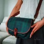 vintage Ralph Lauren tan, green and blue checkered canvas and leather saddle crossbody bag, view 23