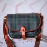 vintage Ralph Lauren tan, green and blue checkered canvas and leather saddle crossbody bag, view 2