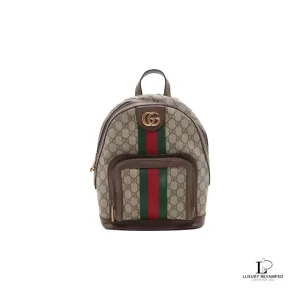 Pre-loved Gucci Ophidia GG Supreme small backpack with Web stripe, front view – secondhand designer, NZ