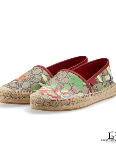 Gucci Beige Multi Tian GG Supreme Monogram Bird Print Espadrille Flats