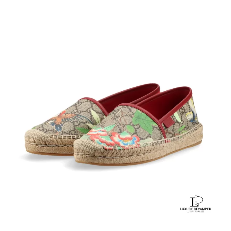 Gucci Beige Multi Tian GG Supreme Monogram Bird Print Espadrille Flats