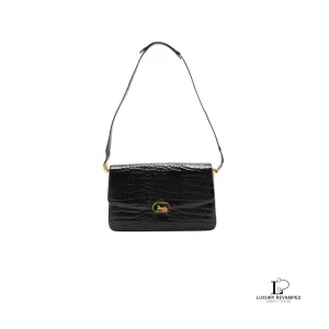Pre-loved vintage Celine black crocodile-embossed leather Horse Carriage Triomphe shoulder bag, front view – secondhand designer, NZ