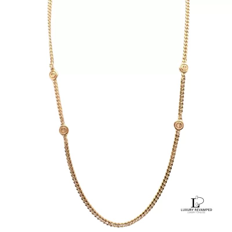 Pre-loved Christian Dior CD long gold-tone chain necklace, front view – secondhand designer, NZ
