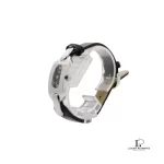 Pre-loved Fendi Link F341211 women's silver stainless steel watch with black leather strap, front view – secondhand designer, NZ