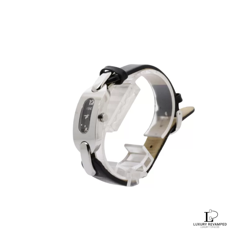 Pre-loved Fendi Link F341211 women's silver stainless steel watch with black leather strap, front view – secondhand designer, NZ