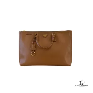 Pre-loved Prada Galleria caramel Saffiano leather handbag, front view – secondhand designer, NZ