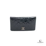 Pre-loved Chanel Brilliant navy blue patent leather bifold long wallet with silver hardware, front view – secondhand designer, NZ