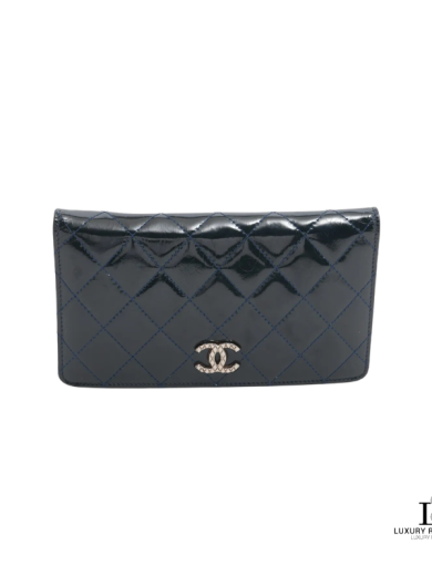 Chanel Brilliant Patent Leather Long Wallet Navy Blue