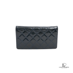 Chanel Brilliant navy blue patent leather bifold long wallet with silver hardware, view 2