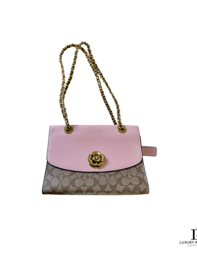 Coach Parker in Colorblock Signature Shoulder Bag with Tea Rose Turnlock