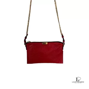 Pre-loved Burberry red grain leather chain shoulder bag, front view – secondhand designer, NZ