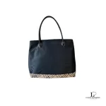 Pre-loved Burberry London Blue Label black nylon tote bag with Nova Check base accent, front view – secondhand designer, NZ