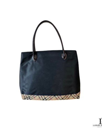 BURBERRY London Blue Label Black Tote Bag with Nova Check Accent