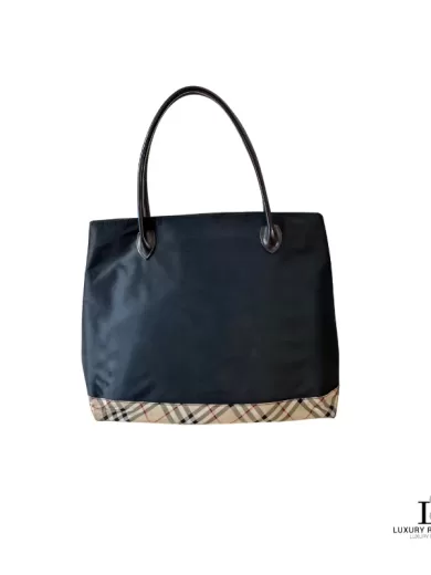 BURBERRY London Blue Label Black Tote Bag with Nova Check Accent