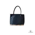 Burberry London Blue Label black nylon tote bag with Nova Check base accent, view 2