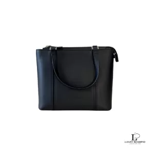 Pre-loved Burberry black structured leather handbag with Nova Check lining, front view – secondhand designer, NZ