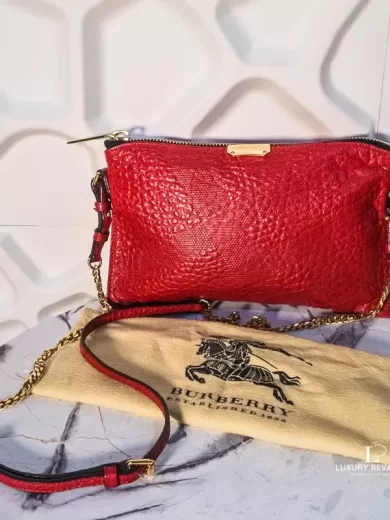 Burberry Peyton red check embossed grain leather crossbody bag with chain strap