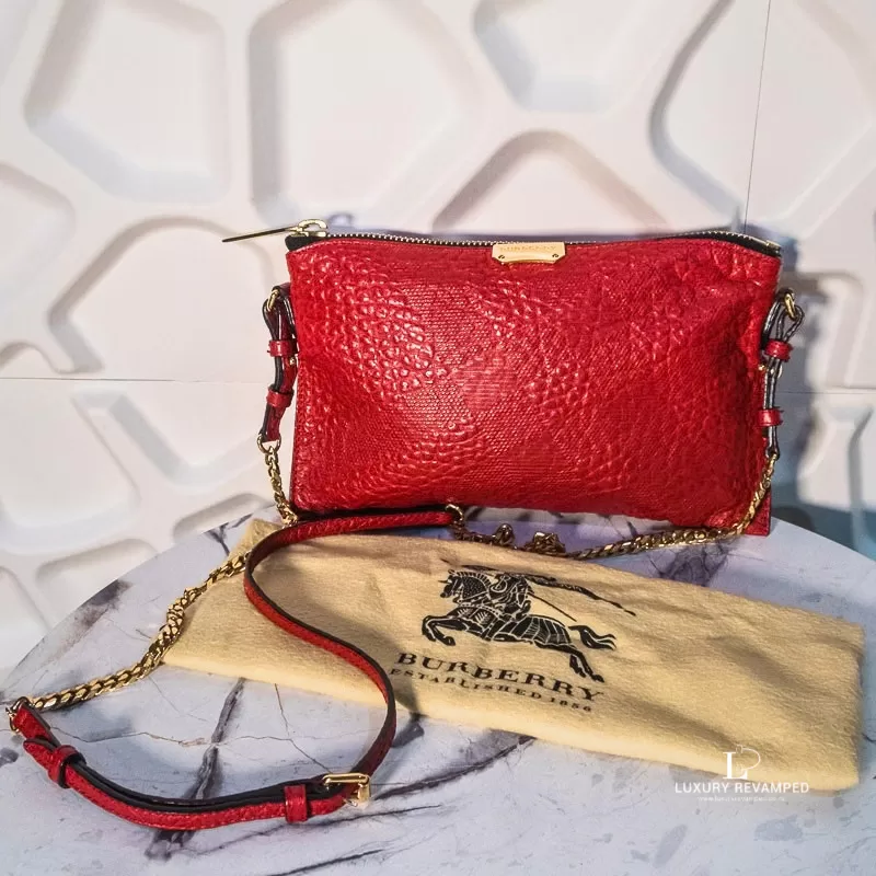 Burberry Peyton red check embossed grain leather crossbody bag with chain strap