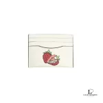 Pre-loved Coach slim ID card case in white pebble leather with strawberry graphic, new with tag, front view – secondhand designer, NZ