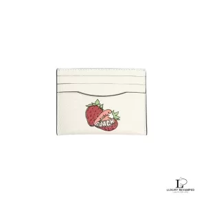 Pre-loved Coach slim ID card case in white pebble leather with strawberry graphic, new with tag, front view – secondhand designer, NZ