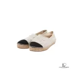 Pre-loved Chanel beige and black canvas Coco Mark CC logo espadrilles, size 37, front view – secondhand designer, NZ