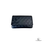 Pre-loved Chanel Cambon Ligne black quilted lambskin wallet on chain with silver hardware, front view – secondhand designer, NZ