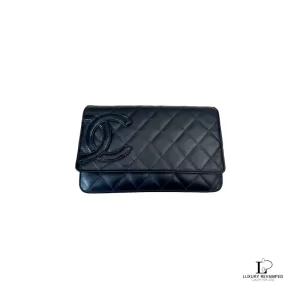 Pre-loved Chanel Cambon Ligne black quilted lambskin wallet on chain with silver hardware, front view – secondhand designer, NZ