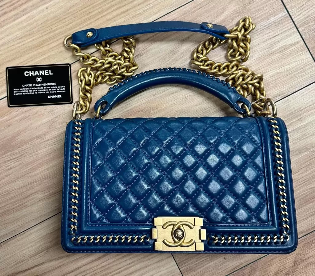 Chanel Blue Quilted Patent Leather Boy Bag