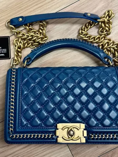 Chanel Blue Quilted Patent Leather Boy Bag