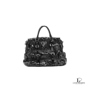 Pre-loved Prada Vernice Gaufre black patent leather satchel, front view – secondhand designer, NZ