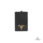 Pre-loved Prada black Saffiano leather card case lanyard, front view – secondhand designer, NZ