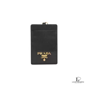 Pre-loved Prada black Saffiano leather card case lanyard, front view – secondhand designer, NZ