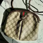 Pre-loved vintage Gucci GG Supreme Sherryline brown crossbody bag, front view – secondhand designer, NZ
