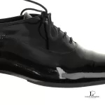 Saint Laurent Paris black patent leather almond-toe oxford dress shoes, size 38, view 16