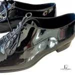 Saint Laurent Paris black patent leather almond-toe oxford dress shoes, size 38, view 23