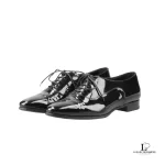 Pre-loved Saint Laurent Paris black patent leather almond-toe oxford dress shoes, size 38, front view – secondhand designer, NZ